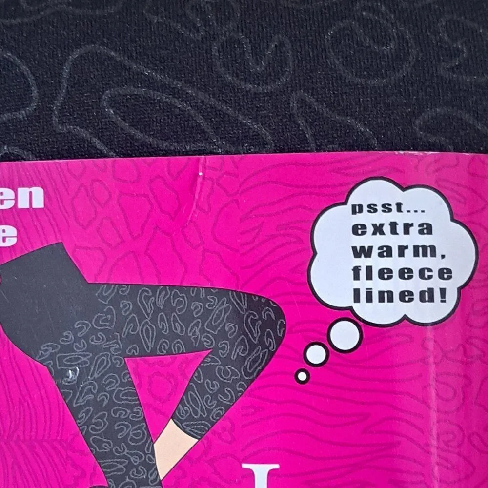 Leg Impressions Women's Footless Black Printed Fleece Lined Tight Sz Queen